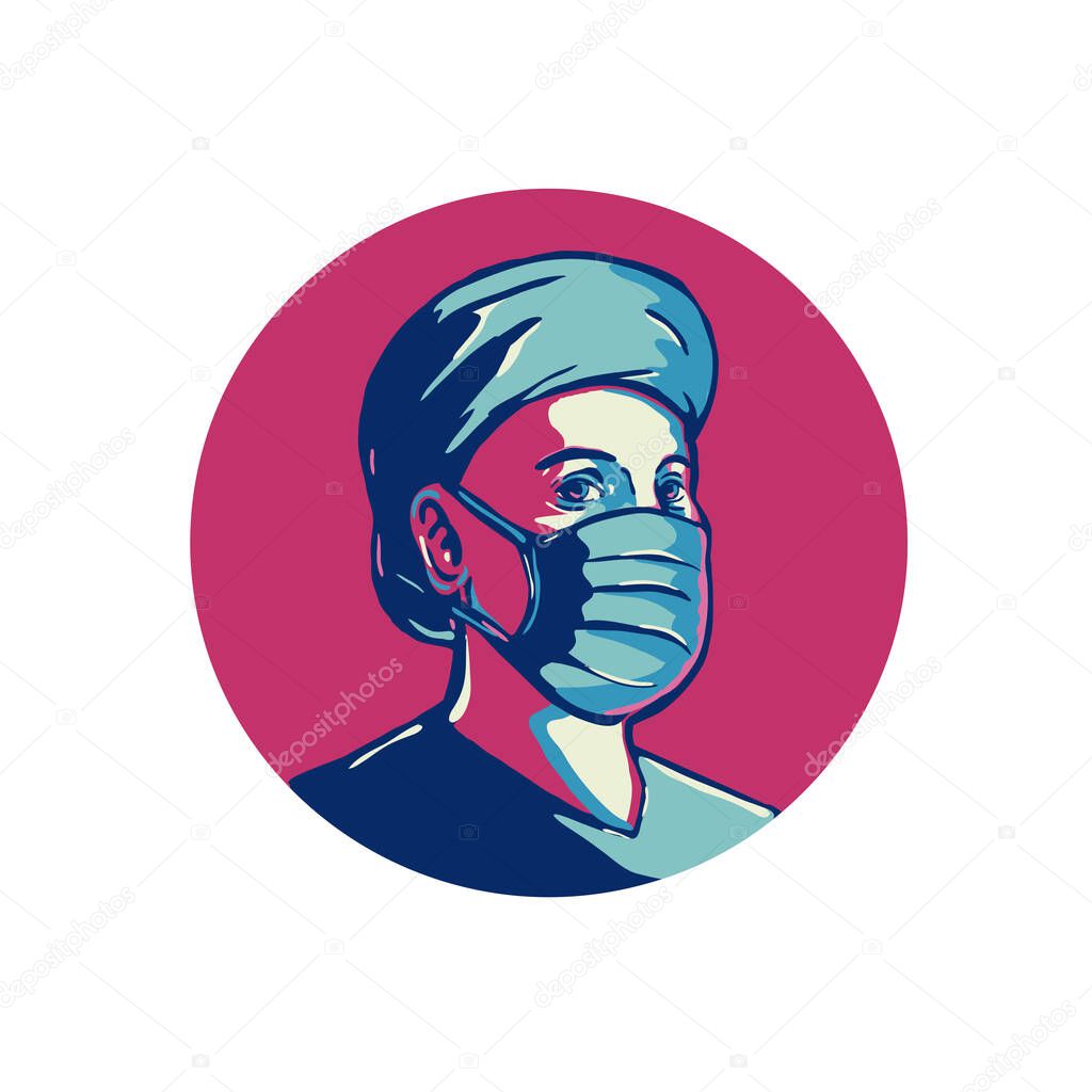 Retro WPA illustration of a nurse or front-line worker wearing surgical mask and cap set in circle  done in works project administration or federal art project style.