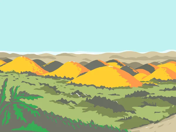 Illustration Wpa Rétro Des Chocolate Hills Une Formation Géologique Dans — Image vectorielle