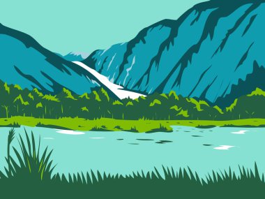 Retro WPA illustration of the Fox Glacier and Franz Josef Glacier in the South Island of New Zealand done in works project administration or federal art project style. clipart