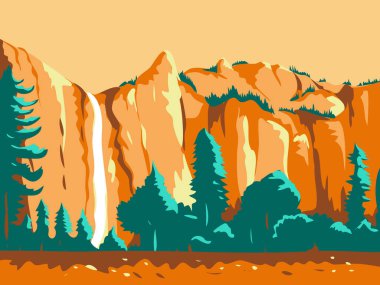 Yosemite Ulusal Parkı, Kaliforniya 'daki Gelin Veil Şelalesinin Retro WPA illüstrasyonu, Amerika Birleşik Devletleri iş projesi yönetimi veya federal sanat projesi tarzında yapılmıştır..