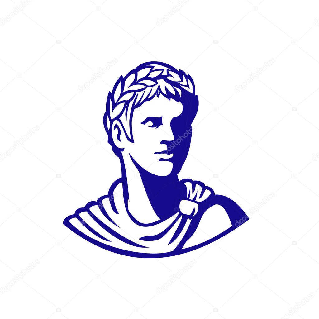 Mascot icon illustration of bust of an ancient Roman emperor, senator or Caesar, ruler of the Roman Empire during the imperial period wearing crown of laurel leaves looking to side in retro style.