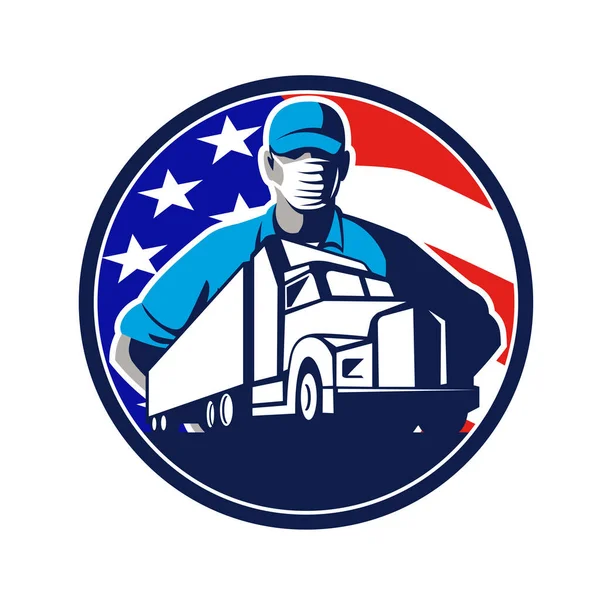卡车司机或卡车司机戴着外科口罩 戴着卡车和美国明星的吉祥物图标 星条旗环绕着孤立的背景 复古风格 — 图库矢量图片