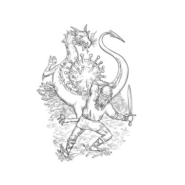 Koronavirüsü koruyan öfkeli bir ejderhayla savaşan cesur bir ortaçağ şövalyesinin robot resmini çiziyorum. Ya da siyah ve beyaz arka planda kapalı beyaz bir hücrede Cavid-19 hücresiyle..