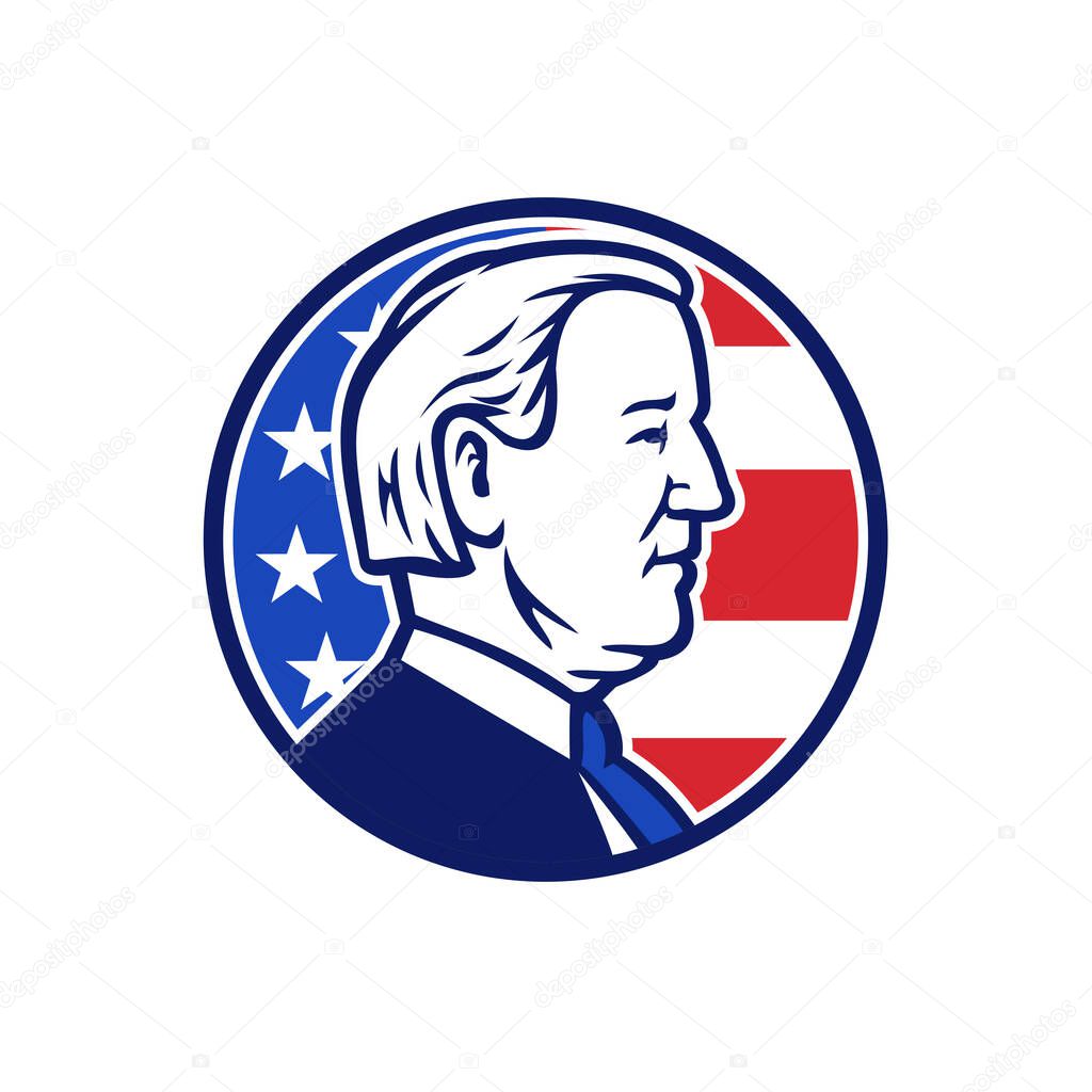 May 01, 2020, AUCKLAND, NEW ZEALAND: Mascot illustration of American presidential candidate for 2020 US election, Democrat Joseph Joe Biden set in circle on isolated background done in retro style.