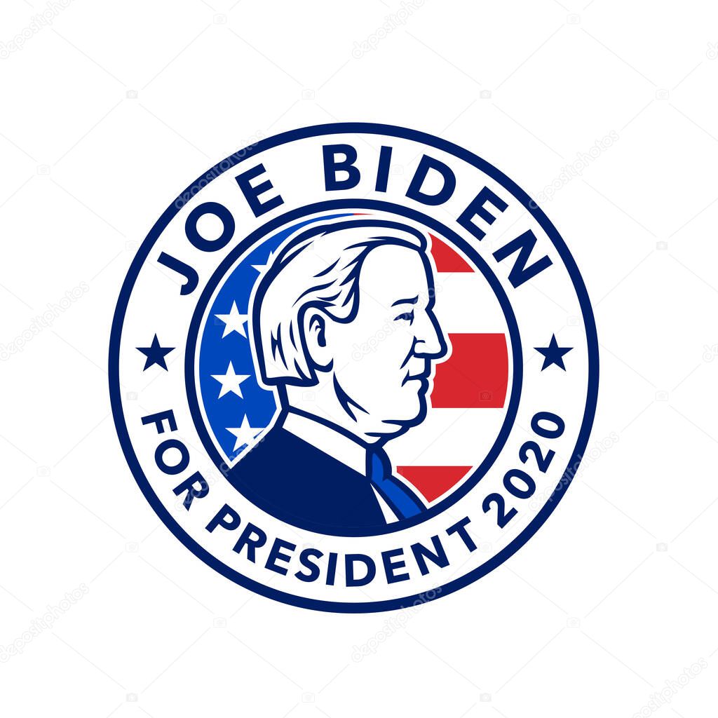 May 4, 2020, AUCKLAND, NEW ZEALAND: Mascot illustration of American presidential candidate for 2020 US election, Democrat Joseph Joe Biden set in circle with USA stars and stripes flag in retro style.