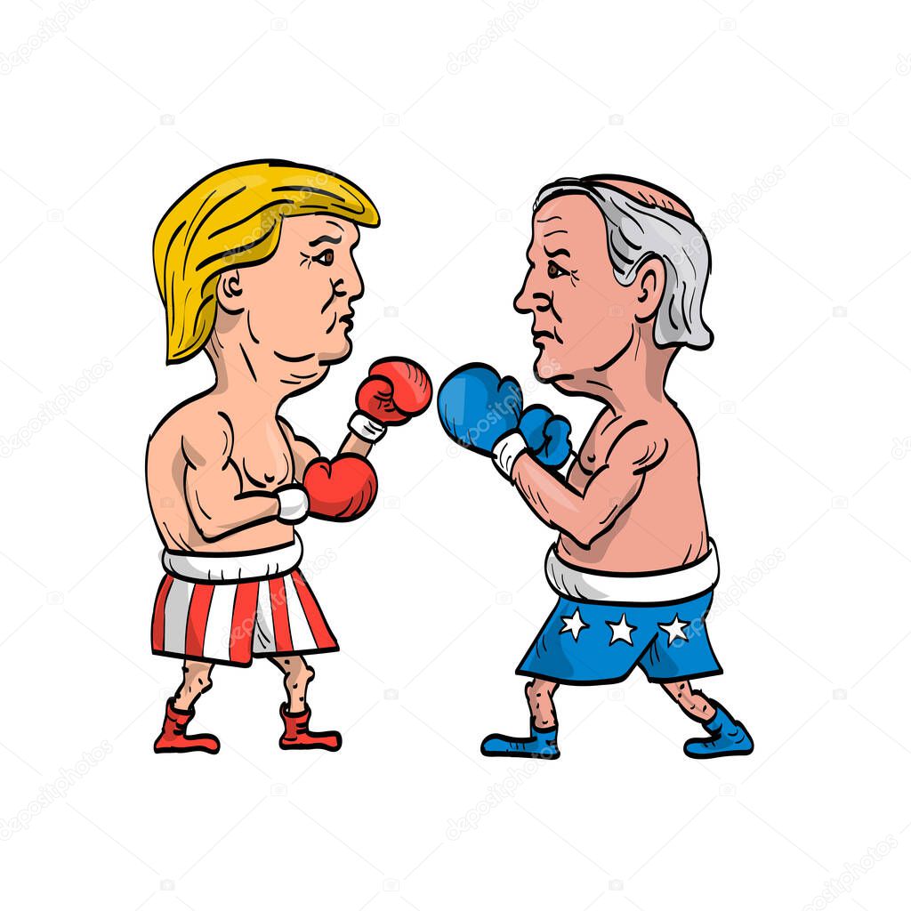 May 4, 2020, AUCKLAND, NEW ZEALAND: Cartoon illustration of American presidential candidate for 2020 US election, Democrat Joe Biden and Republican Donald Trump as boxers with boxing gloves fighting.
