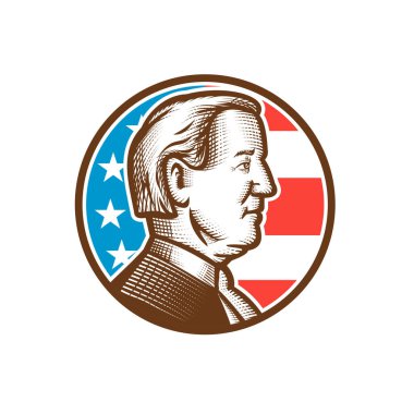 5 Mayıs 2020, AUCKLAND, NEW ZEALAND: 2020 ABD seçimleri için Amerikan başkan adayının Woodcut illüstrasyonu, Demokrat Joseph Joe Biden ABD yıldız ve çizgili bayrak retro tarzında daire içine aldı.