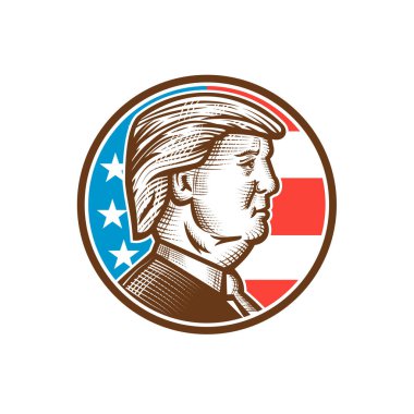 5 Mayıs 2020, AUCKLAND, NEW ZEALAND: 2020 ABD seçimleri için Amerikan başkan adayının maskotluk illüstrasyonu, Cumhuriyetçi Donald J Trump retro ahşap tarzında daire içine alındı.