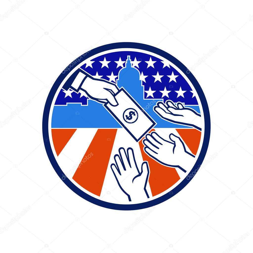 Icon retro style illustration of the American government stimulus or economic impact payment showing a hand giving money to recipient with the United States Capitol building and flag inside circle.