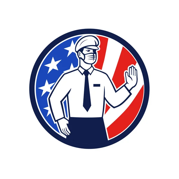 一个戴着口罩的美国移民官员伸出手 阻止与美国明星围成一圈 并在孤立的白色背景上打上条纹标志的图标复古风格插图 — 图库矢量图片