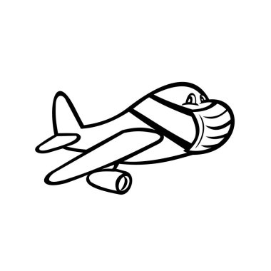 Cerrahi maske takan bir jet uçağı ya da uçağın karikatür tarzı çizimi, balck ve beyaz arka planda tamamen uçuyor..