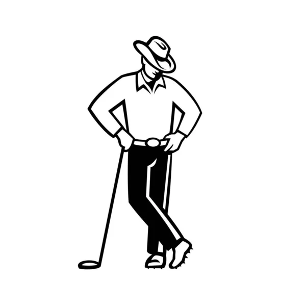 Illustration Cowboy Golfer Wearing Hat Leaning Golf Club Viewed Front — Stock Vector