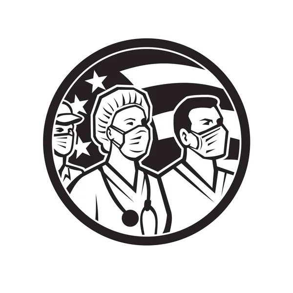 Icono Ilustración Estilo Retro Del Proveedor Atención Médica Estadounidense Trabajador — Archivo Imágenes Vectoriales