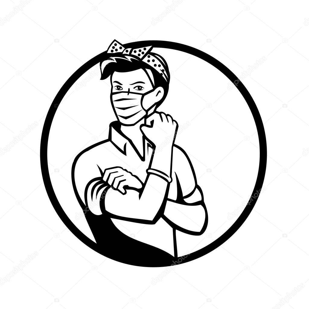 Mascot icon illustration of American Rosie the riveter as medical healthcare essential worker wearing a surgical mask flexing muscle set in circle done in black and white retro style.