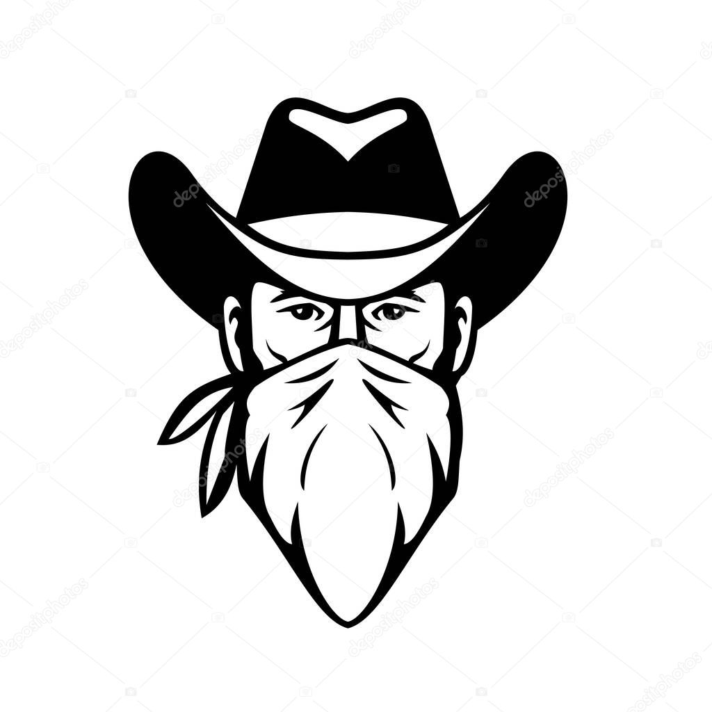 Black and White illustration of head of bandit, outlaw or highwayman wearing cowboy hat and face mask, bandana, kerchief or bandanna front view on isolated background in retro style.