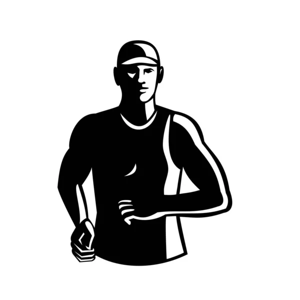 Black White Illustration Male Athlete Marathon Runner Running Facing Front — Stock Vector