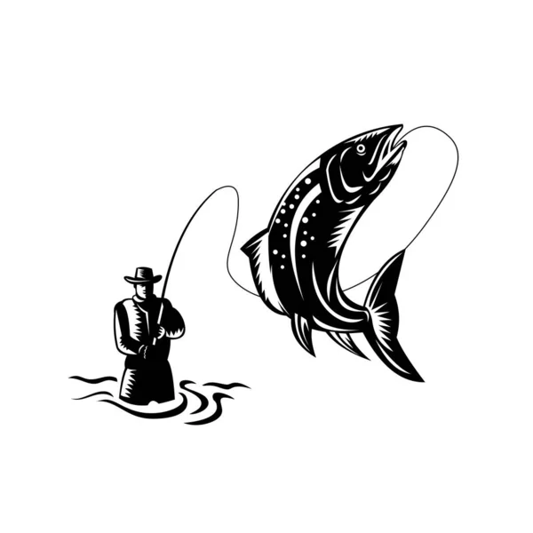 Illustrazione Stile Xilografia Retrò Pescatore Mosca Che Cattura Avvolgendo Pesce — Vettoriale Stock