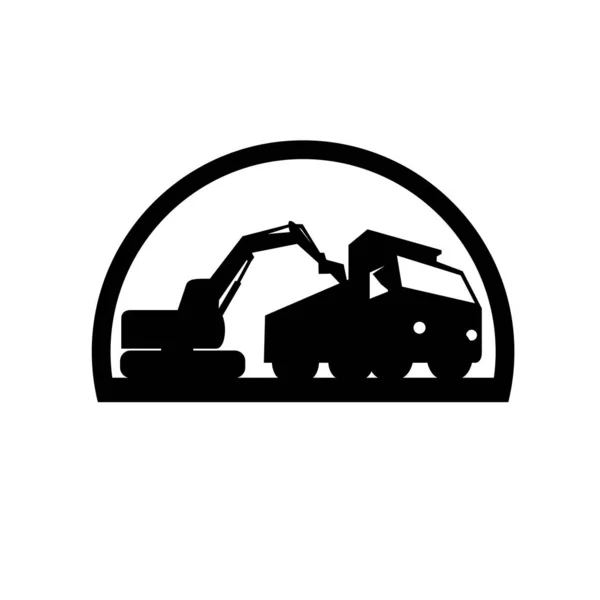 レトロなスタイルで行わ円の内側に設定された低角度から見たダンプトラックをロードする機械式ダイガー掘削機土ムーバーの黒と白のイラスト — ストックベクタ