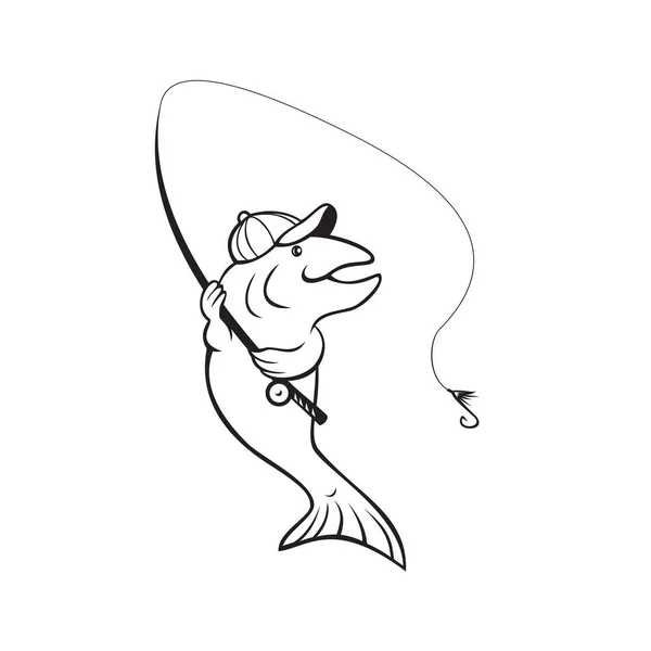 Kreslený Styl Ilustrace Pstruha Ryby Rybářskou Prutem Naviják Izolovaném Pozadí — Stockový vektor