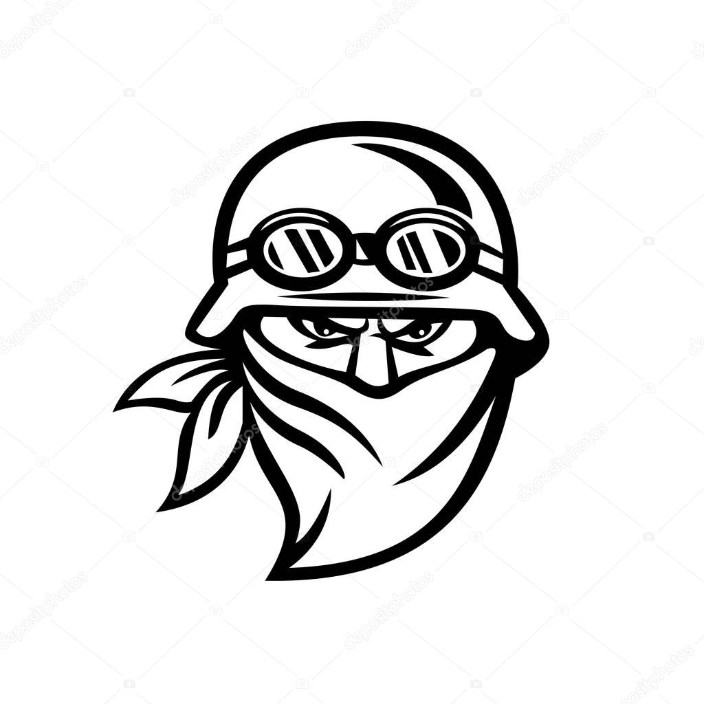 Black and White illustration of head of an outlaw motorcycle club rider or biker wearing face mask and a vintage helmet, goggles and bandanna or scarf viewed from front in retro style.