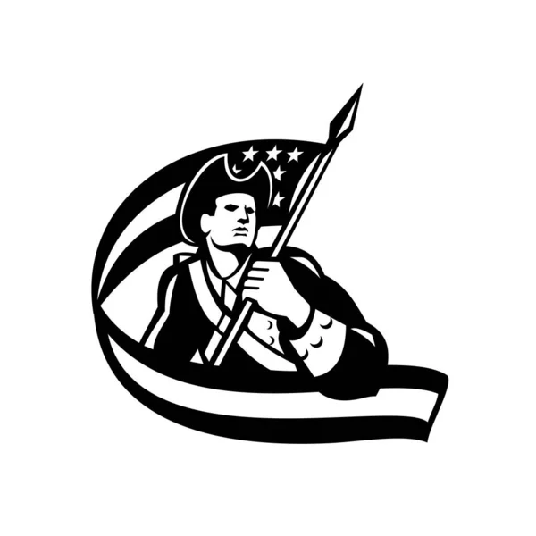 Ilustración Blanco Negro Soldado Revolucionario Patriota Estadounidense Ondeando Estrellas Banderas — Vector de stock