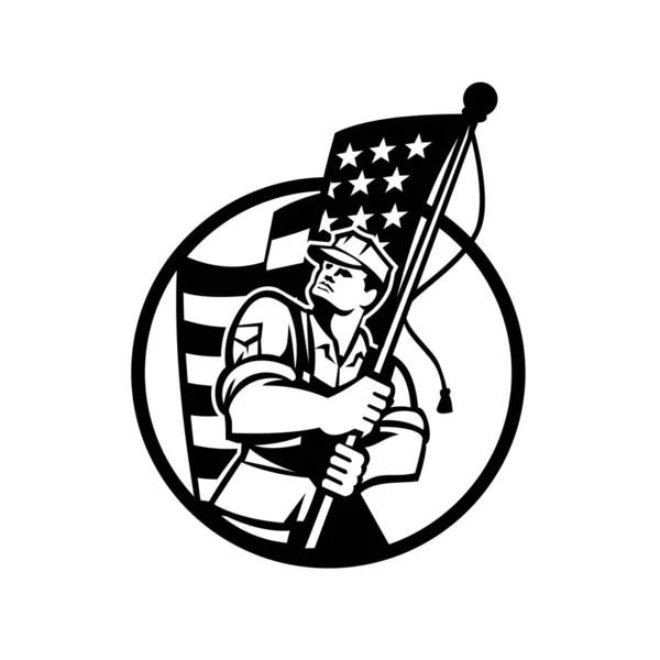 Ilustración Blanco Negro Soldado Militar Patriota Estadounidense Mirando Hacia Arriba — Vector de stock