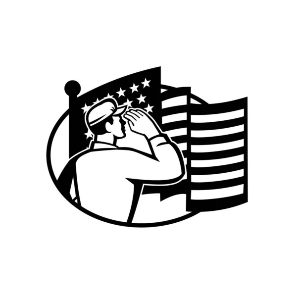 Black White Illustration American Soldier Serviceman Saluting Usa Stars Stripes — стоковый вектор