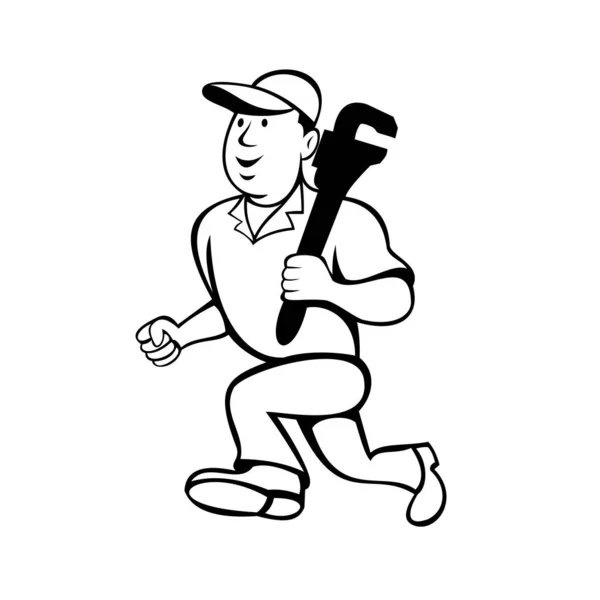 卡通画风格的图画 管道工或杂工拿着一只猴子扳手 穿着黑白相间的孤立的白色背景跑步 — 图库矢量图片