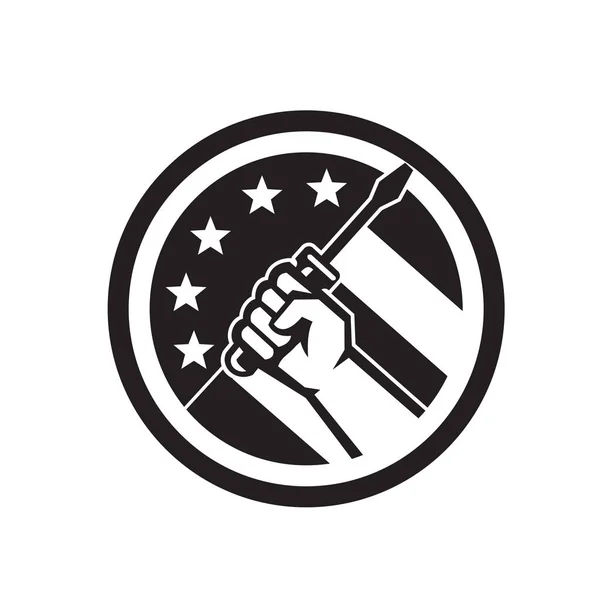Ikona Černá Bílá Ikona Ilustrace Amerického Opraváře Elektrikáře Nebo Údržbáře — Stockový vektor