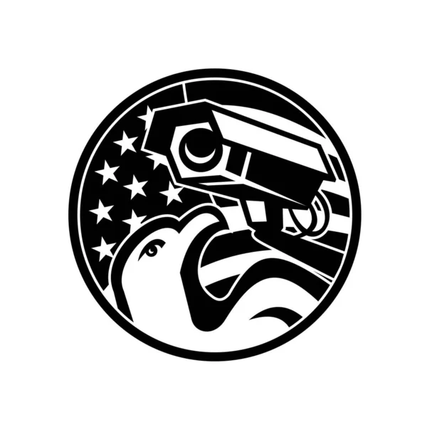 Black White Illustration American Bald Eagle Surveillance Security Camera Usa — Stock Vector