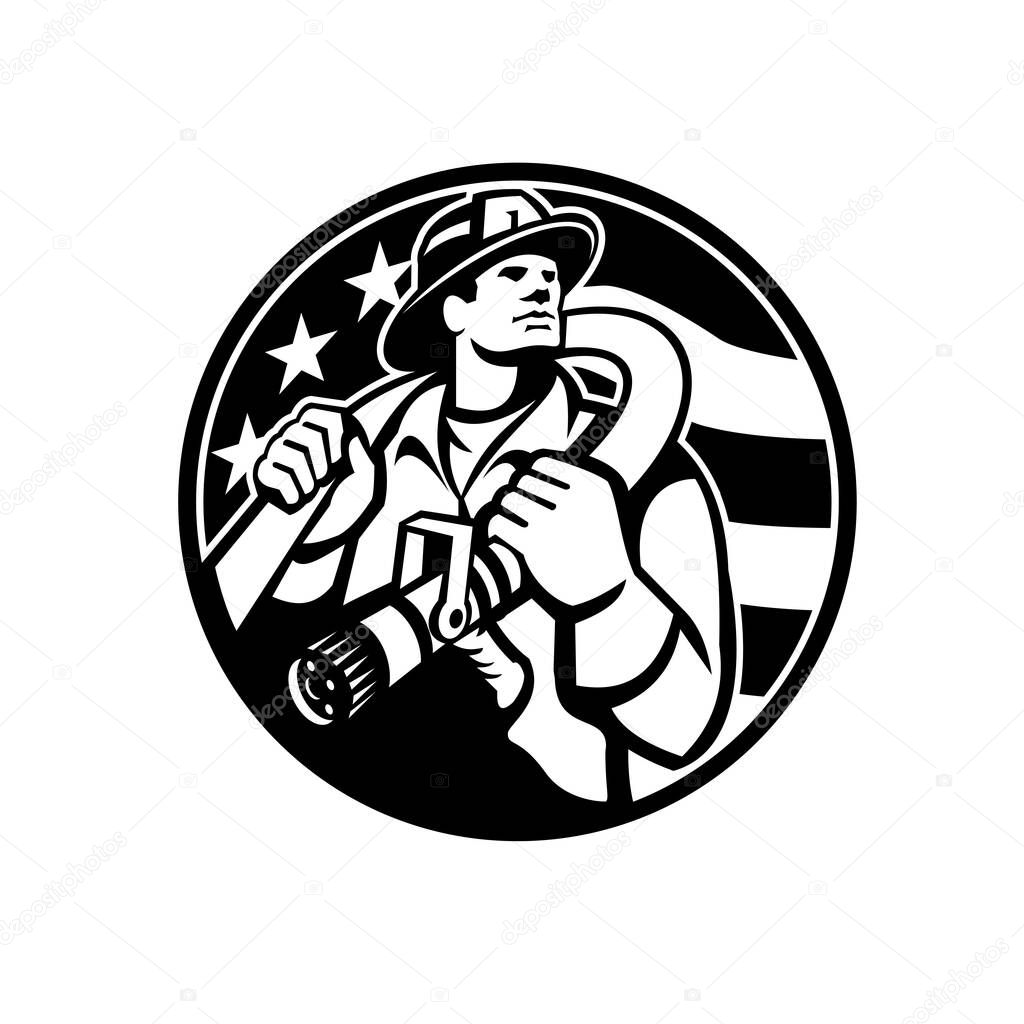 Black and White Illustration of an American fireman firefighter or fire and emergency worker holding fire hose over his shoulder with USA stars and stripes flag set in circle done in retro style.