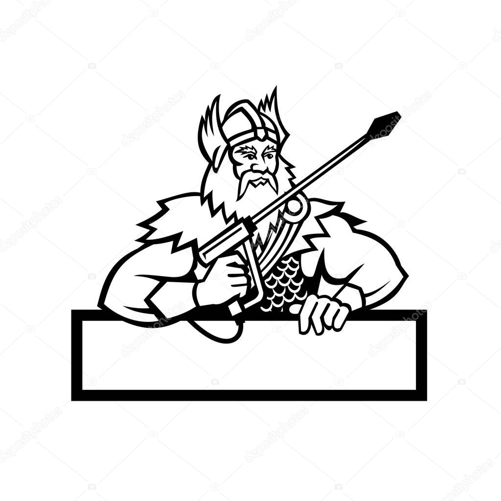 Black and White Mascot icon illustration of Norse god, Thor holding a pressure washer wand viewed from front set with banner below on isolated background in retro style.