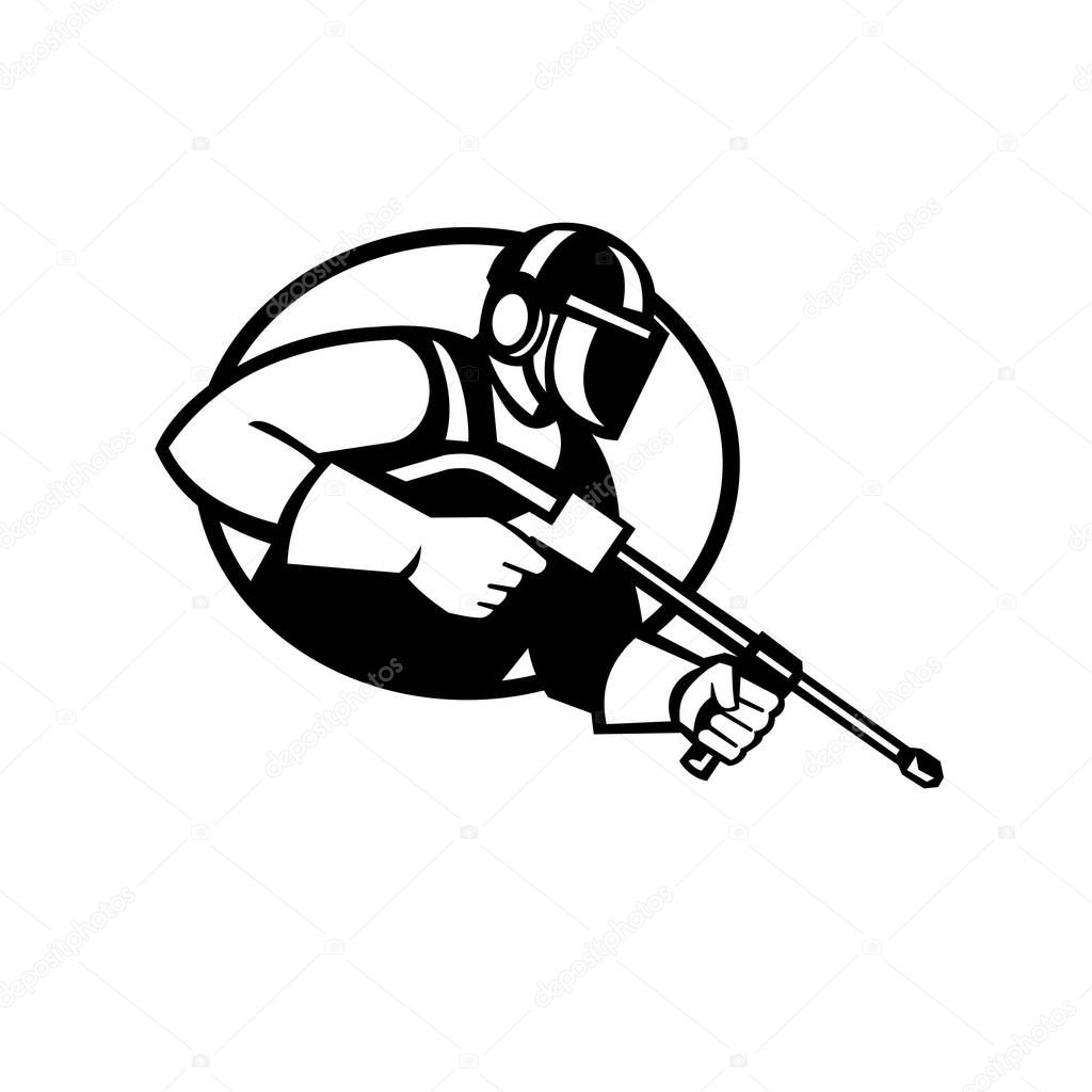 Black and White illustration of a worker with water blaster pressure power washing sprayer spraying set inside oval done in retro style