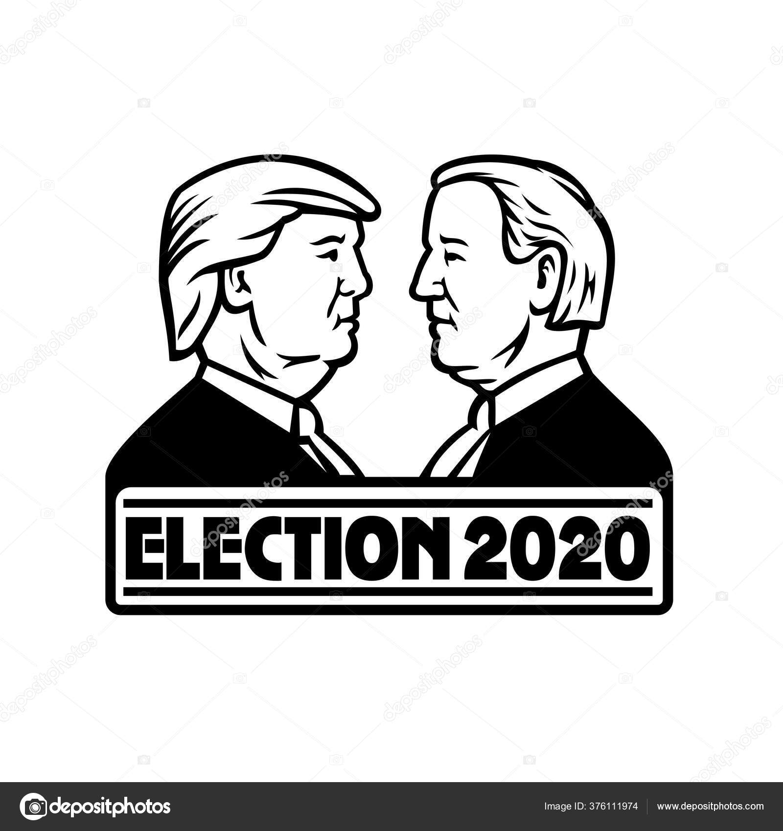 美国共和党总统候选人唐纳德特朗普和民主党候选人乔拜登的黑人和白人吉祥物的复古风格背景图库矢量图©patrimonio 376111974, image size:1600x1700