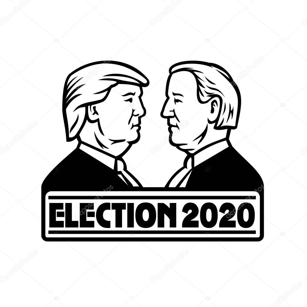 Black and White Mascot illustration of American presidential candidate for 2020 US election, Republican Donald Trump and Democrat Joe Biden on isolated background in retro style.