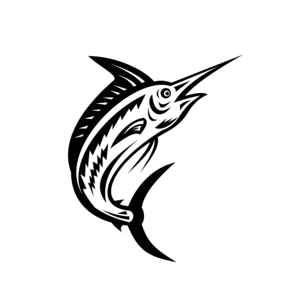 白と黒の大西洋ブルーのマーリンのイラスト マーリンの固有種の魚は 孤立した白の背景にレトロな木版画のスタイルで行われるジャンプ — ストックベクタ