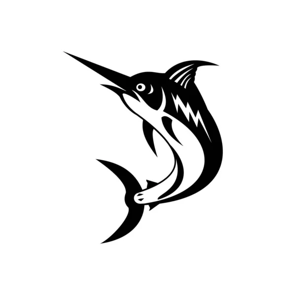 一种蓝色马林鱼的黑白插图 箭鱼在复古木刻风格的孤立的白色背景上跳跃而起 — 图库矢量图片