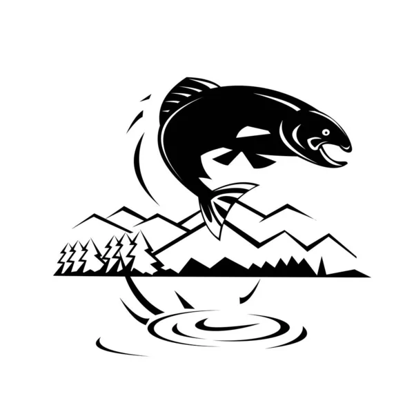 Illustration Style Rétro Une Truite Saumon Sautant Lac Avec Des — Image vectorielle