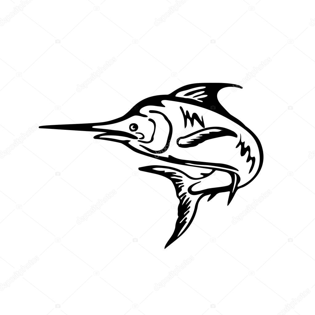 Black and White retro style illustration of a blue marlin fish jumping up viewed from side set on isolated white background.