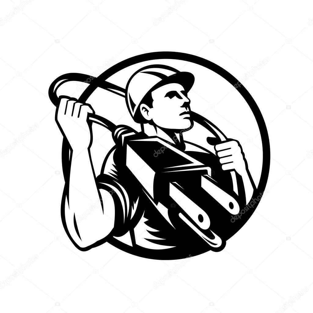 Black and White Illustration of an electrician, power lineman or construction worker holding an electric or electrical plug like a lasso set in circle done in retro style on isolated background.