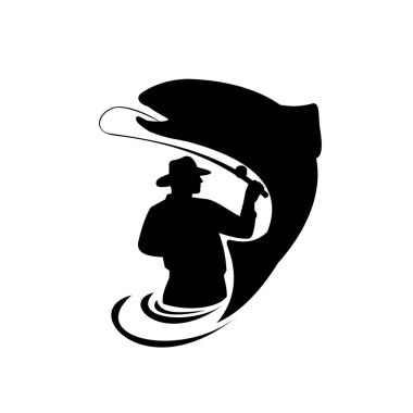 Balıkçı sineği oltası ve makaralı alabalık tasviri siyah-beyaz arka planda izole edilmiş siyah-beyaz arka planda görülür.. 