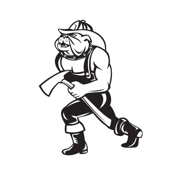 斗牛犬消防员或消防员从黑白相间的侧面拿着火斧行走的卡通风格图解 — 图库矢量图片