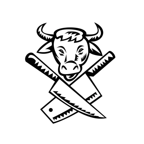 复古黑白木刻风格的插图 一个交叉屠夫切肉刀 牛头正面朝前 孤立的背景 — 图库矢量图片