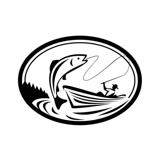 Black White Illustration Fly Fisherman Fishing Boat Reeling Trout Salmon — Stock Vector