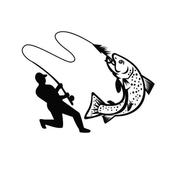 Иллюстрация Рыбака Мухи Бросающего Удочку Катушку Крючкообразной Форели Смотрящейся Сбоку — стоковый вектор