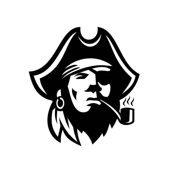 Illustration Style Rétro Noir Blanc Buccaneer Pirate Avec Bandeau Chapeau — Image vectorielle