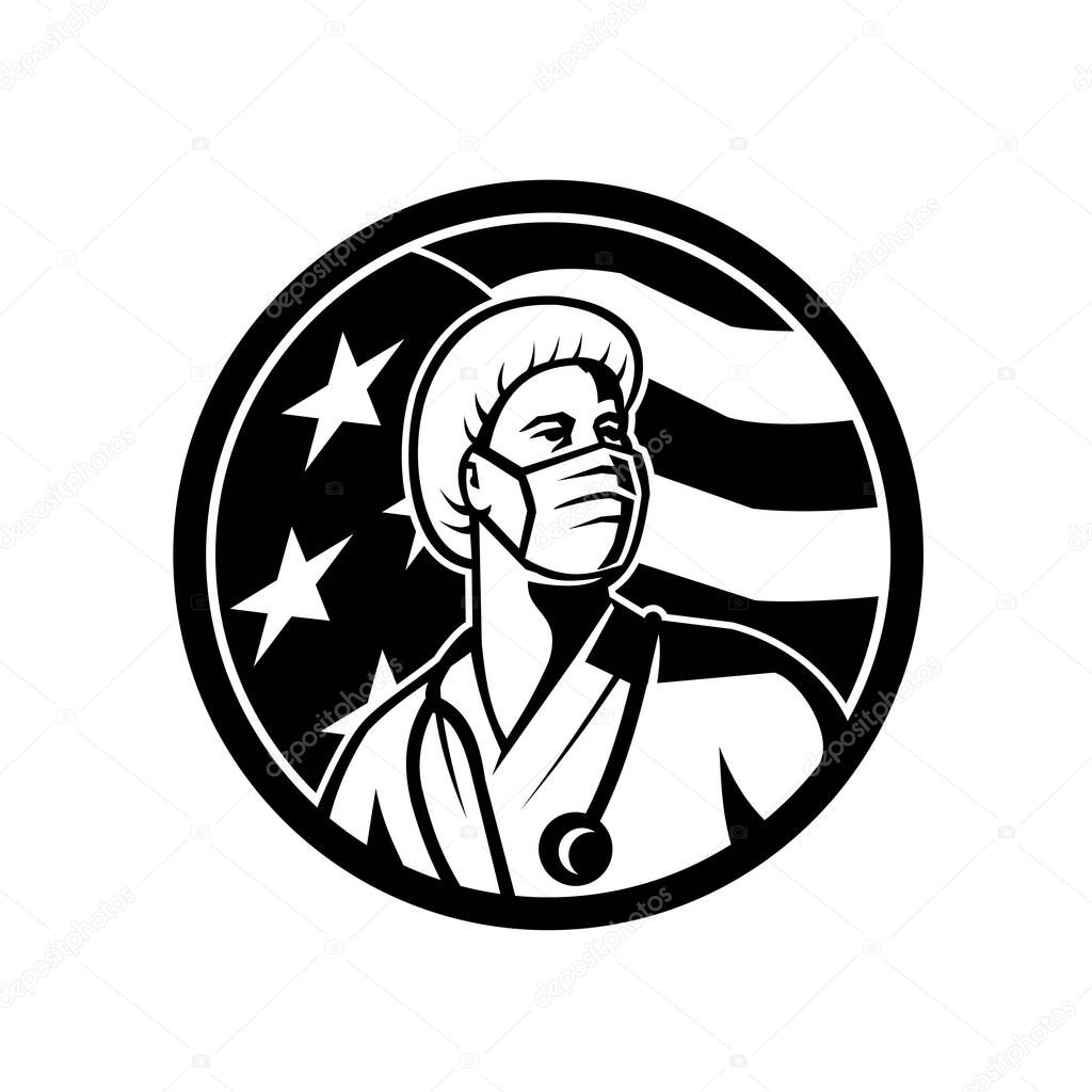 Mascot illustration of an American female nurse, healthcare professional or medical doctor, wearing  surgical mask looking up with USA stars and stripes flag done in Black and White retro style.