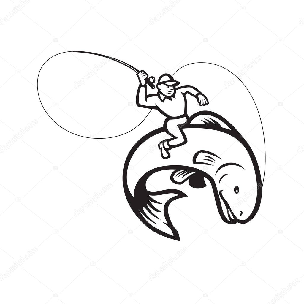 Illustration of a fly fisherman holding rod and reel riding trout fish set inside oval shape done in Black and White cartoon style on isolated background.