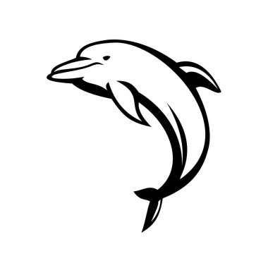 Siyah ve Beyaz arka planda bir yandan görülen bir yunusun Retro maskot stili çizimi.