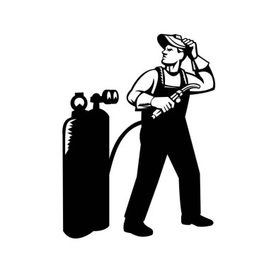 Vizörle ayakta duran kaynakçı resmedilmiş. Elinde asetilen silindirli kaynak makinesi olan yan tarafa bakıyor. Arka planda izole edilmiş siyah ve beyaz renkte yapılmış.. 